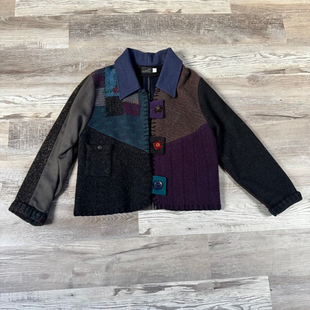 Baabaazuzu Upcycled Wool Patchwork Cropped Jacket Art to Wear Lagenlook USA L